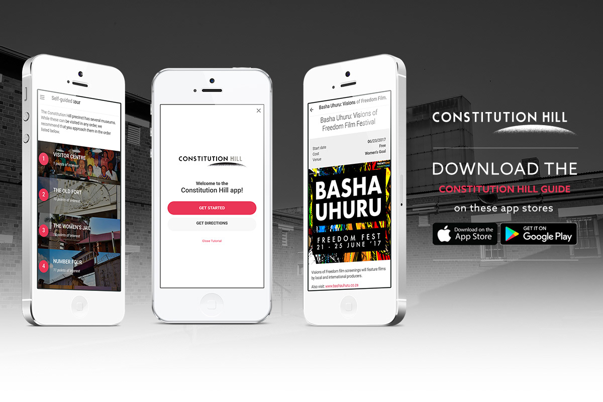 App Store and Google Play promotional image showing three Conhill app screens including self-guided tour, welcome screen, and Basha Uhuru event listing