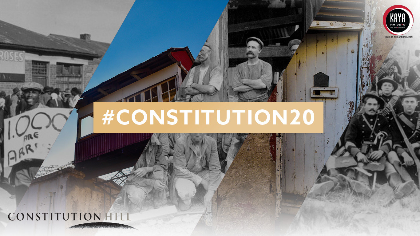 #Constitution20 Kaya FM social graphic featuring the Old Fort, protest photographs, and Boer War era imagery