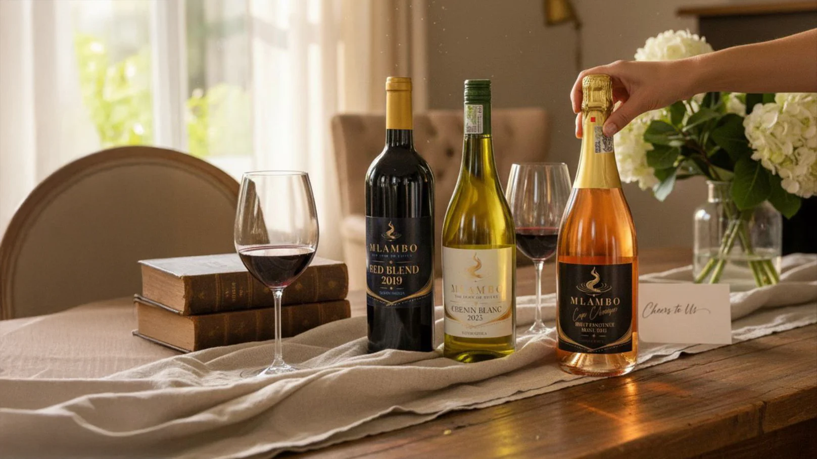 Mlambo Wines bottles, glasses and flowers arranged for a shared dinner