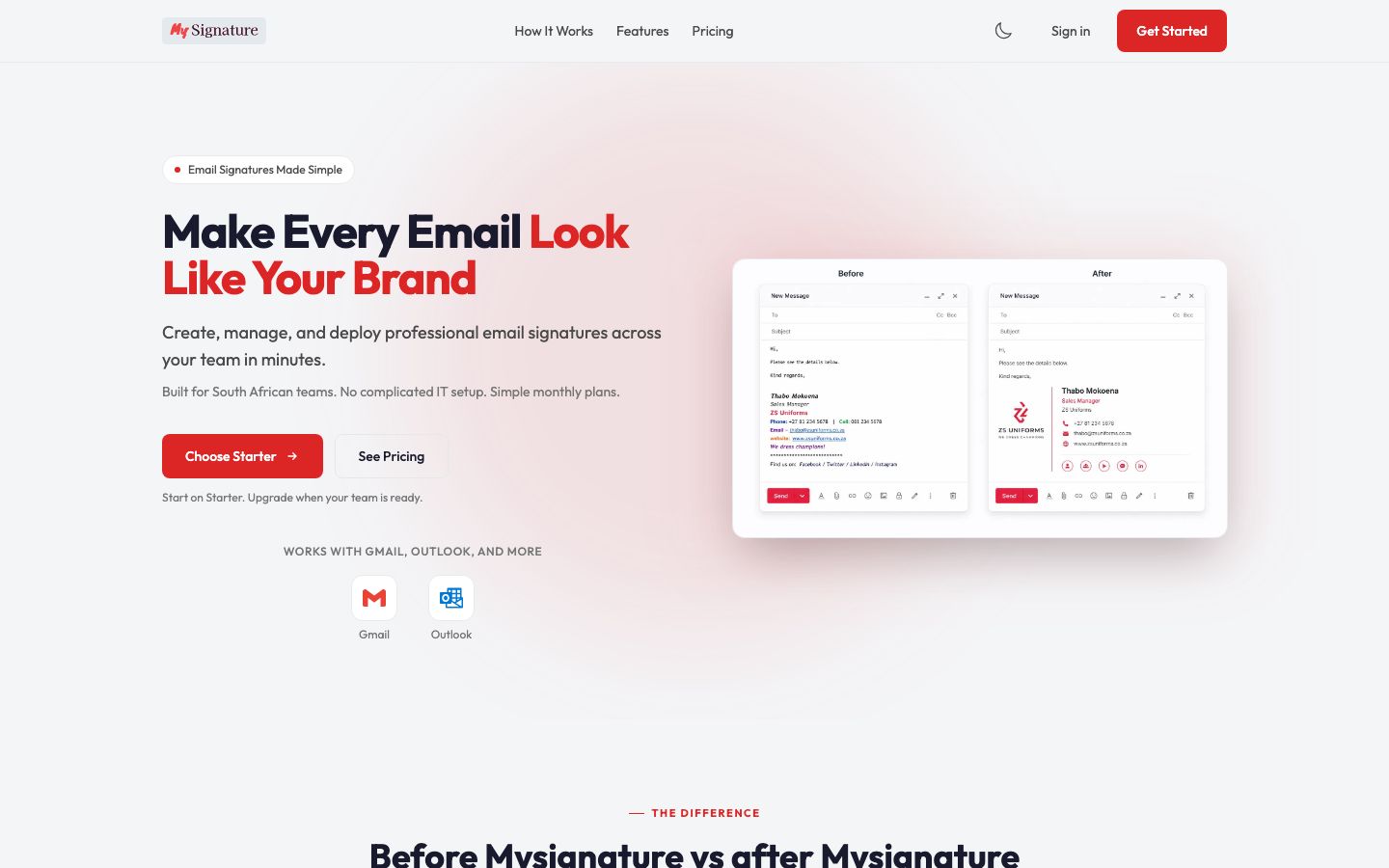 MySignature email signature before and after: plain text versus a branded professional signature