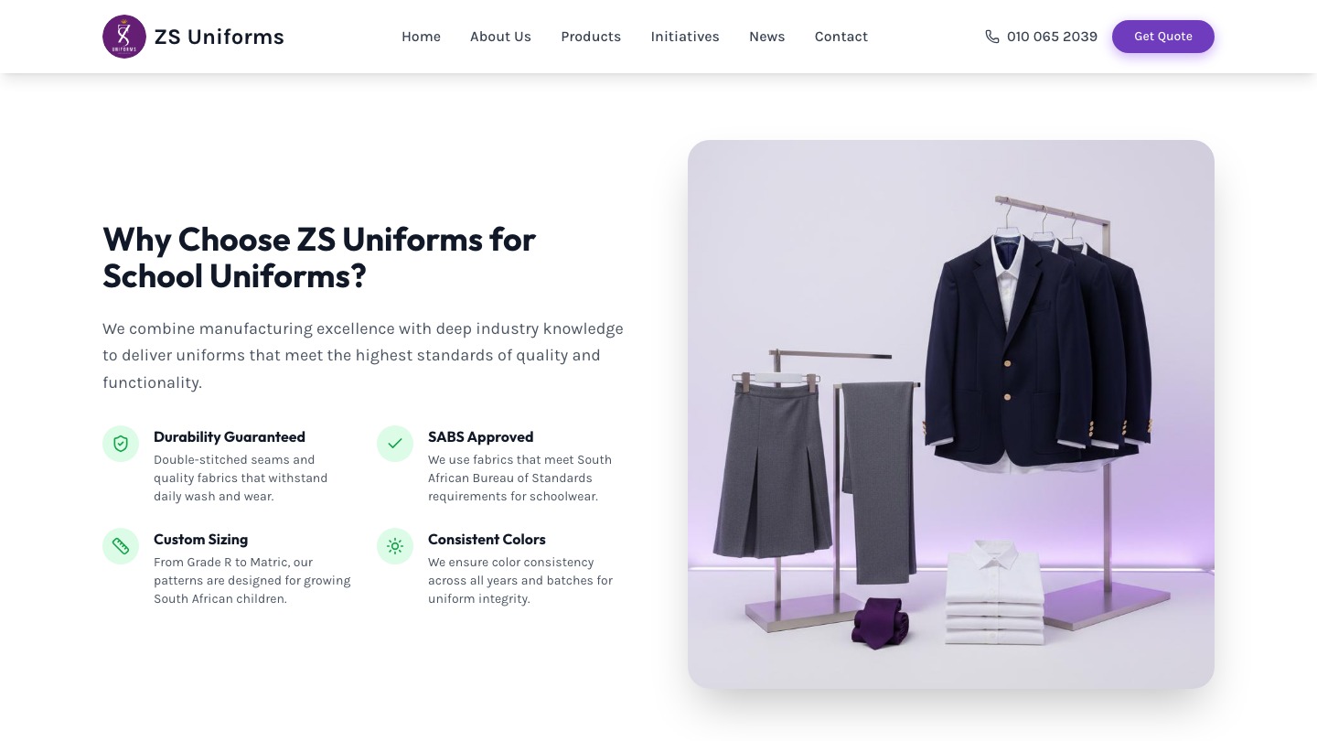 ZS Uniforms school uniform quality section with product photography